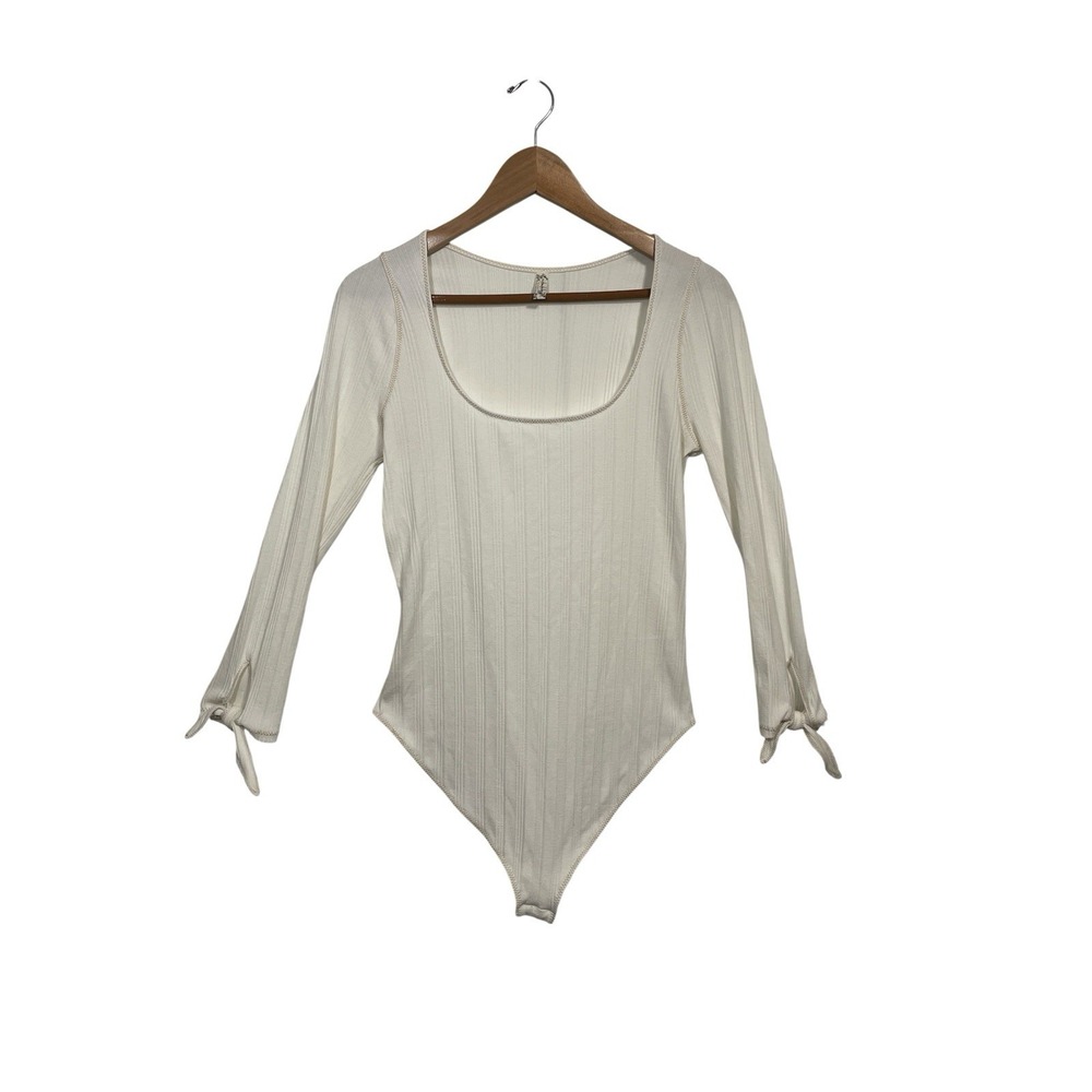 Free People Bodysuit Women Large Ivory Ribbed Scoop Neck Tie Cuff OB1026079